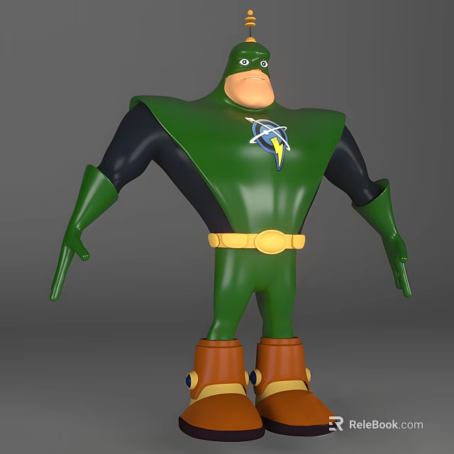 Green Costume Cartoon Superhero Character With Yellow Belt Brown Boots And Lightning Emblem 3d model 