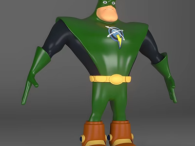 Green Costume Cartoon Superhero Character With Yellow Belt Brown Boots And Lightning Emblem 3d model