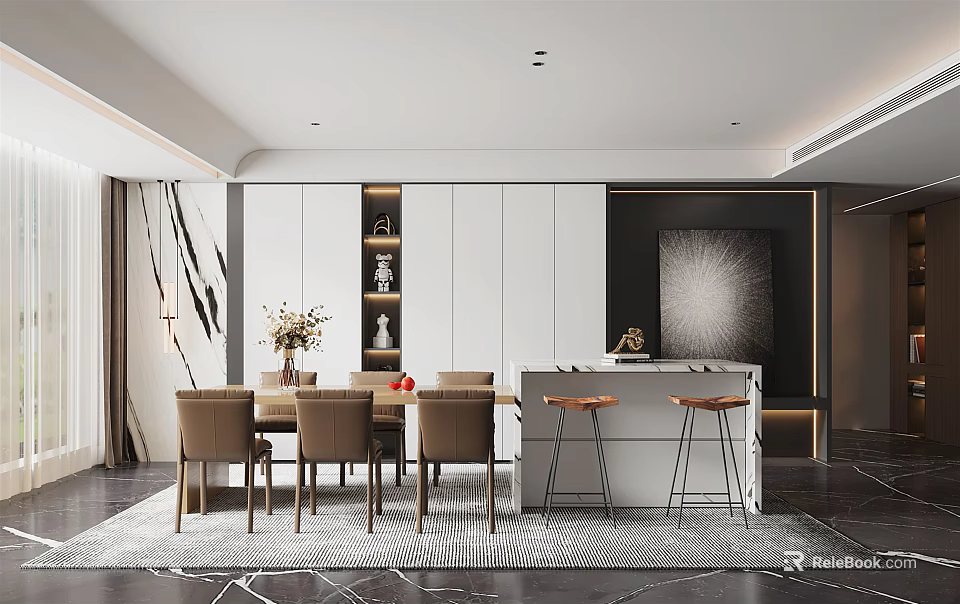 Elegant Modern Restaurant Interior With Dining Table Chairs Marble Counter Bar Stools And Decorative Elements 3d model