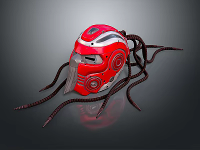 Futuristic Red Weapon Helmet With Metallic Tentacles And Sci Fi Design Elements 3d model