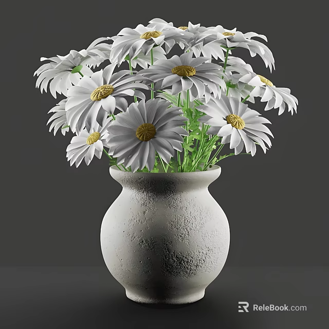 Textured Light Gray Ceramic Vase With White Daisies And Yellow Centers 3d model 