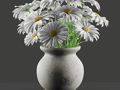 Textured Light Gray Ceramic Vase With White Daisies And Yellow Centers 3d model