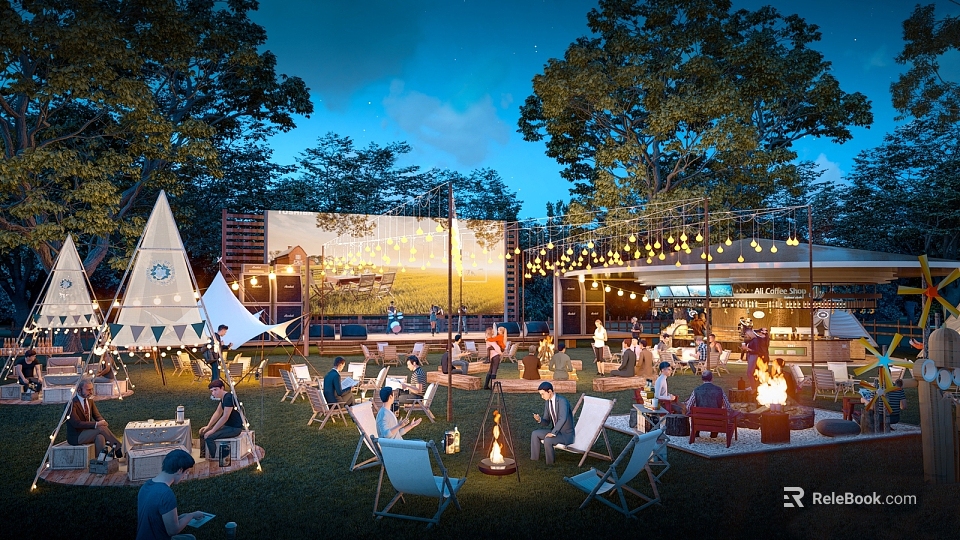 Outdoor Camping Campsite with Teepee Tents Fire Pits Lawn Chairs and String Lights Under Night Sky 3d model 