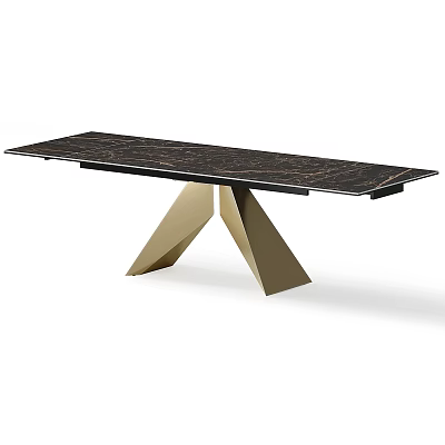 Modern Luxury Dining Table Set With Dark Marble Tabletop And Gold Geometric Metal Legs 3d model