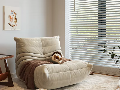 Cozy Beige Bean Bag Chair With Brown Blanket And Plush Lion Toy By Window Blinds 3d model