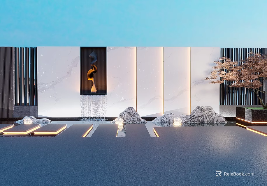 Modern Scenic Feature Wall Design With Decorative Painting Water Fountain And Stone Elements 3d model 
