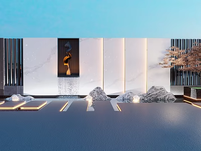 Modern Scenic Feature Wall Design With Decorative Painting Water Fountain And Stone Elements 3d model