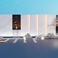 Modern Scenic Feature Wall Design With Decorative Painting Water Fountain And Stone Elements
