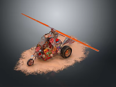 Custom Three Wheeled Vehicle With Orange Propeller And Decorative Parts In Sand 3d model