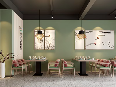 Minimalist Restaurant Interior With Green Walls Pendant Lights And Decorative Paintings 3d model