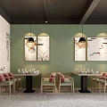 Minimalist Restaurant Interior With Green Walls Pendant Lights And Decorative Paintings