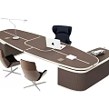 Modern Brown Office Desk With Black Chair Laptop Lamp And Two Guest Chairs