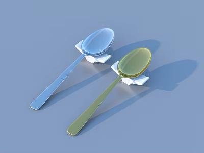 Dinnerware Set with Two Blue and Green Spoons on White Stands 3d model