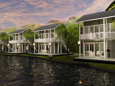 Waterfront Detached Villas With Lawn Trees And Balcony In Sunset Sky 3d model