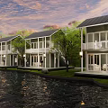 Waterfront Detached Villas With Lawn Trees And Balcony In Sunset Sky