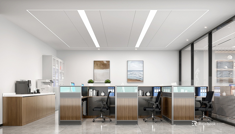 Modern Public Office Area With Workstations Cubicles Computers Office Chairs And Wall Art 3d model 