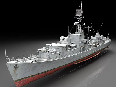 Vintage Warship Featuring Rusty Hull Red Bottom Gray Upper Part Radar Tower and Deck Facilities 3d model