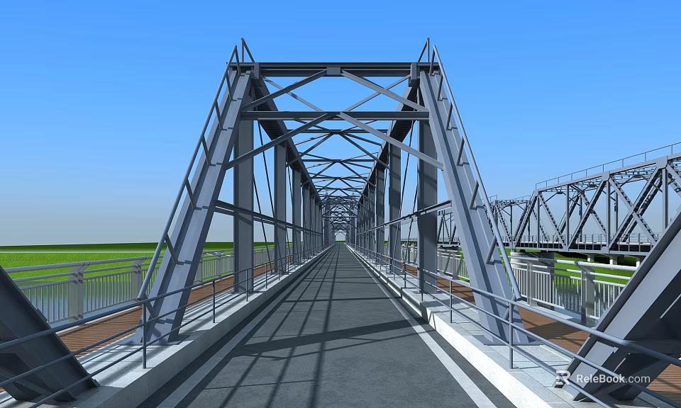 Steel Structure Bridge Under Blue Sky With Green Landscape Pedestrian Walkway 3d model 
