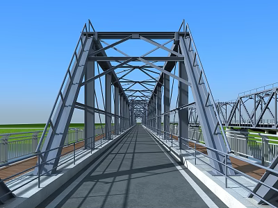 Steel Structure Bridge Under Blue Sky With Green Landscape Pedestrian Walkway 3d model