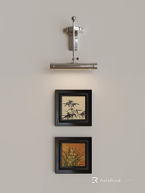 Modern Wall Sconce Lighting With Bamboo Pattern Frames And Floral Art On Light Colored Wall 3d model 