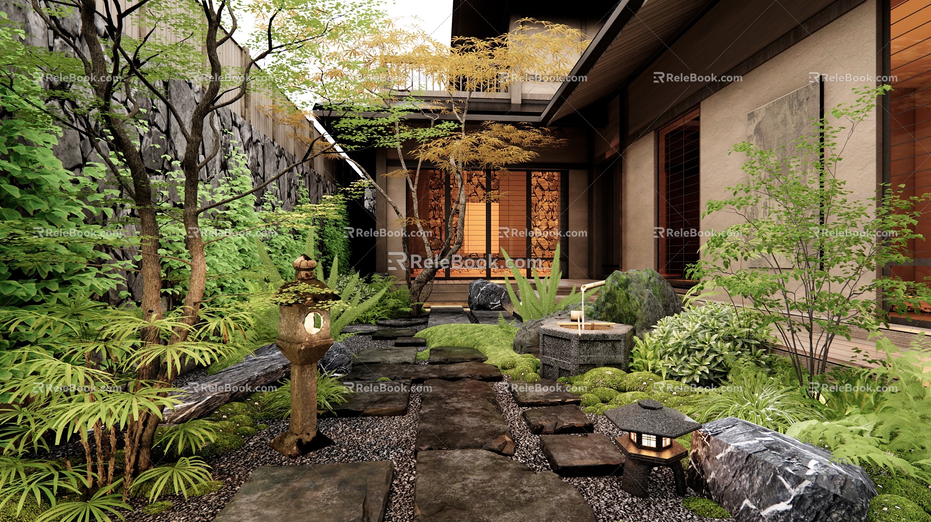 Japanese Zen Courtyard Garden Tingbu Green Slate Water Pot Waterscape Plant Combination Moss Landscape Stone Micro-terrain Plant Landscaping Flowers and Plants 3d model