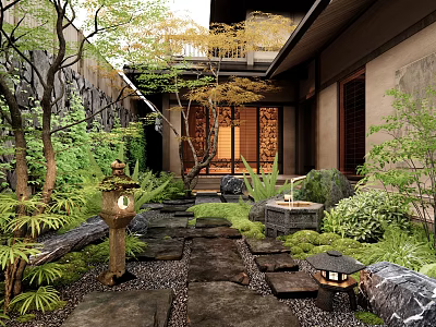 Japanese Garden With Stone Pathway Lush Greenery Rock Formations And Wooden Elements 3d model