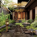 Japanese Garden With Stone Pathway Lush Greenery Rock Formations And Wooden Elements