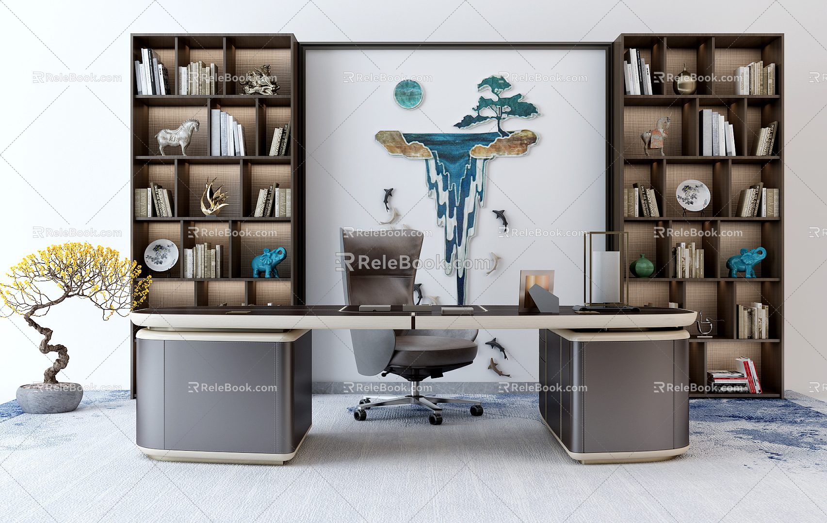 Modern Desk Chair Boss Desk Bookcase 3d model