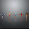 Colorful Character Figurines Standing With Arms Outstretched On Gray Background With Reflections