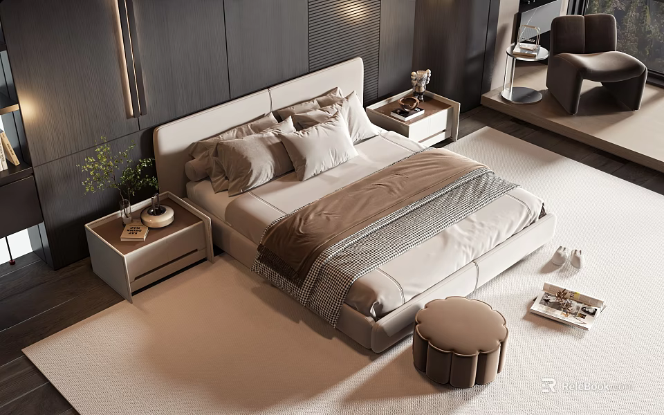 Double Bed In Modern Bedroom With Beige Sheets Gray Comforter Bedside Tables And Round Ottoman 3d model 