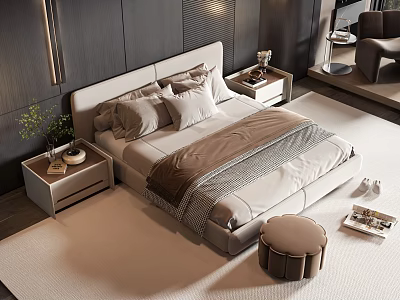 Double Bed In Modern Bedroom With Beige Sheets Gray Comforter Bedside Tables And Round Ottoman 3d model