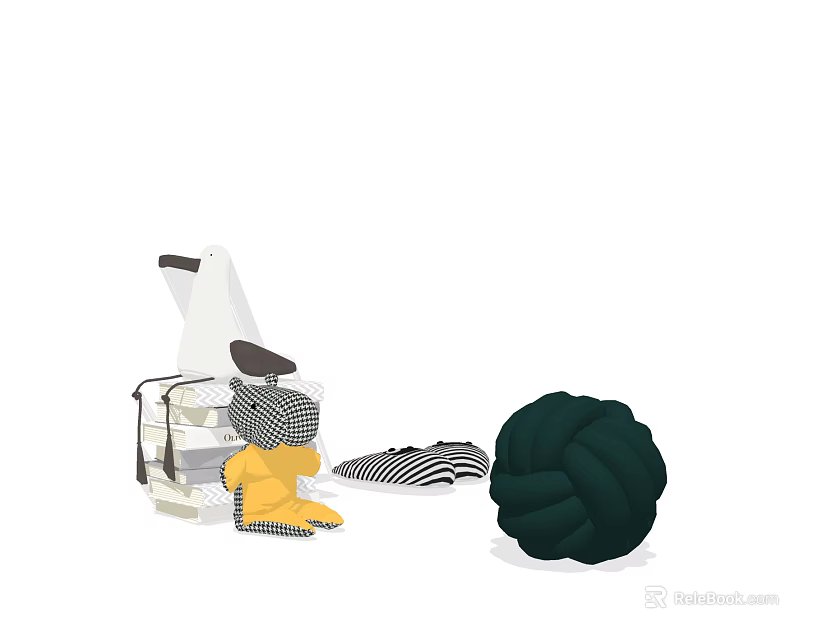 Modern Decorative Ornament Set With Braided Ball Striped Decoration And Small Yellow Figurine 3d model 