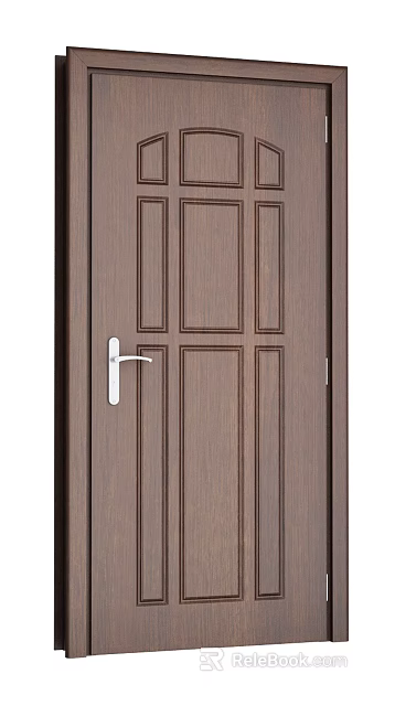 Hinged Door with Dark Brown Wooden Paneled Design and Silver Handle 3d model 