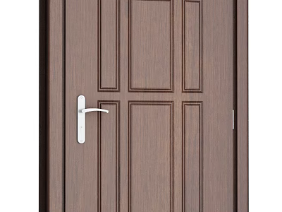 Hinged Door with Dark Brown Wooden Paneled Design and Silver Handle 3d model