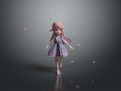 Pink Haired Woman In Purple Dress With Falling Pink Petals And Reflection 3d model