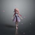 Pink Haired Woman In Purple Dress With Falling Pink Petals And Reflection