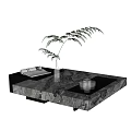Gray Marble Coffee Table with Fern Plant Vase Glass Cups and Magazine Tray