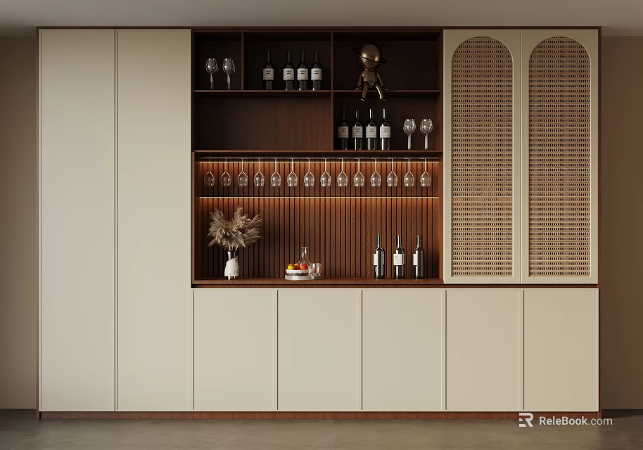 Modern Wine Cabinet Interior With Glass Doors Wooden Shelves And Wine Bottles 3d model 