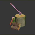 Fresh Tree Stump Display With Axe And Chopped Wood Logs On Dark Background