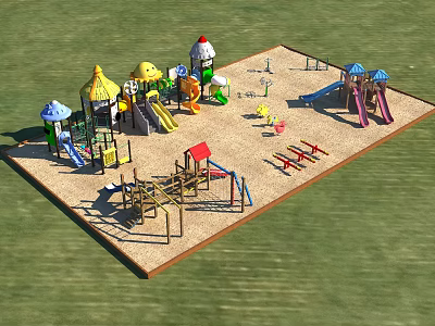 Outdoor Fun Playground with Colorful Canopies Slides Swings and Climbing Frames 3d model