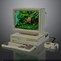 Vintage Computer Setup With Monitor Desktop Tower Keyboard Floppy Disk And Pixel Game Scene