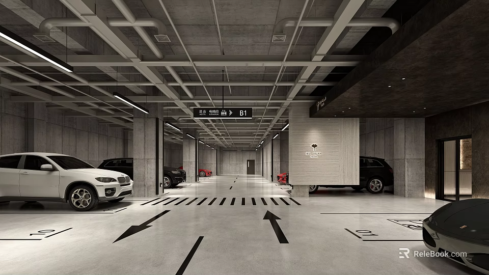 Spacious Modern Underground Parking Garage With Vehicles Arrow Markings And Bright Lighting 3d model 