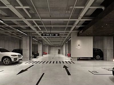 Spacious Modern Underground Parking Garage With Vehicles Arrow Markings And Bright Lighting 3d model