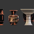 Ancient Greek Pottery Collection With Various Shapes Black Orange Vases And Carved Patterns
