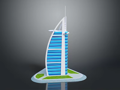 Cartoon Scene Featuring Sail Shaped Building With Blue White Stripes Green Lawn And Surrounding Water 3d model
