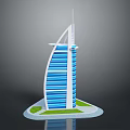 Cartoon Scene Featuring Sail Shaped Building With Blue White Stripes Green Lawn And Surrounding Water