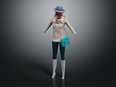 Woman Wearing Gray Hat Light Sweater Blue Scarf Turquoise Bag Dark Leggings And White Boots 3d model