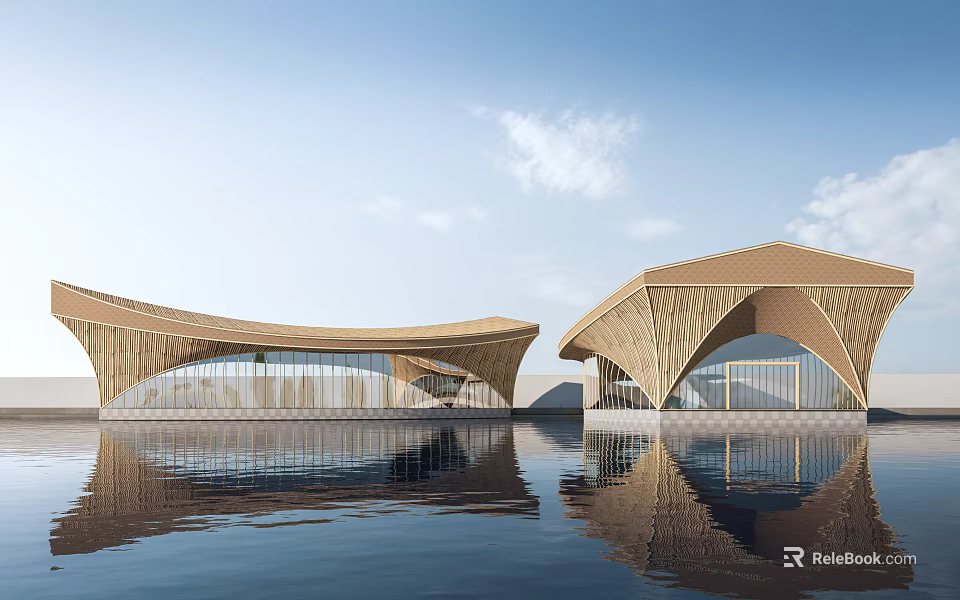 Modern Curved Wooden Buildings With Water Reflection Blue Sky And White Clouds 3d model 