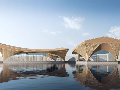 Modern Curved Wooden Buildings With Water Reflection Blue Sky And White Clouds 3d model