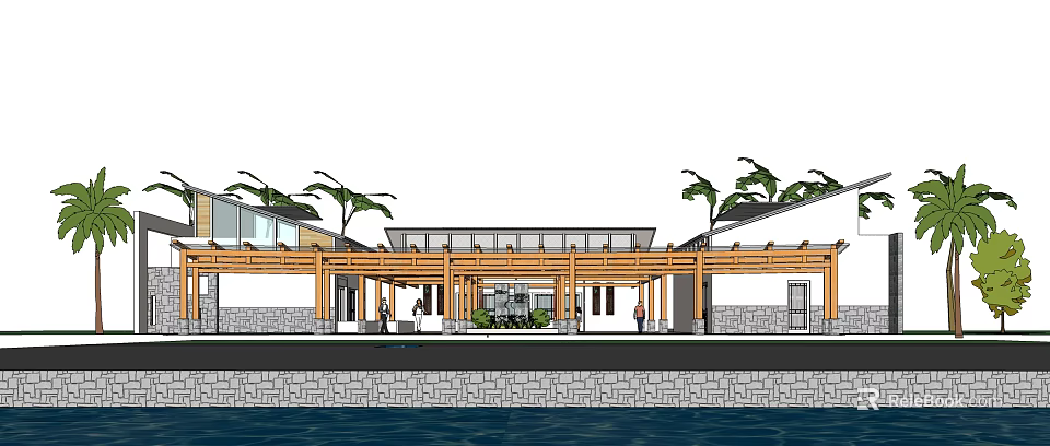 Modern Building Exterior With Wooden Walkway Palm Trees People Walking And Waterfront Area 3d model 